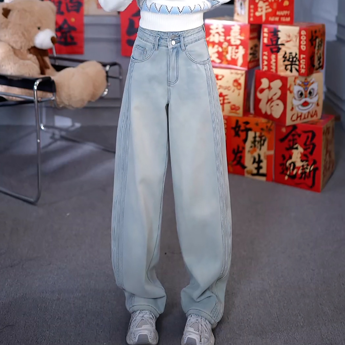 Ader美式复古水洗牛仔裤女2026春季新款时尚百搭高腰显瘦弯刀裤潮,女装/女士精品,大码裤装,淘宝优惠券,粉丝福利购,淘宝优惠卷