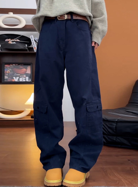 Ader藏青色工装裤女2026春季新款复古潮流高腰宽松百搭显瘦休闲裤