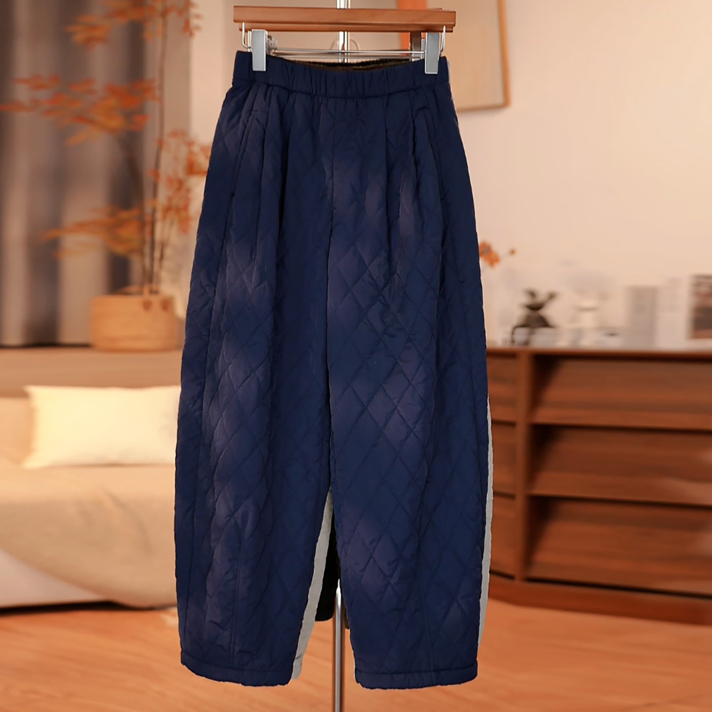 简约阔腿显瘦加厚夹棉菱格棉裤