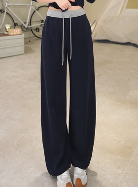 Ader藏蓝色运动休闲裤女2025秋季新款腰头拼接抽绳百搭显瘦弯刀裤