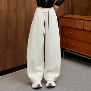 Ader松紧腰抽绳加绒加厚弯刀卫裤女2025冬季新款高腰阔腿休闲裤子