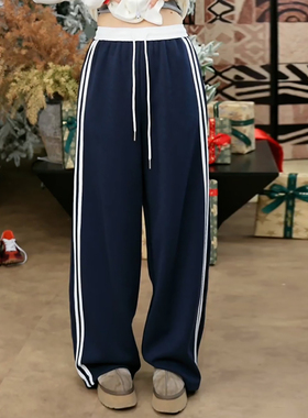 Ader藏蓝色侧边条纹运动卫裤2026春季新款百搭显瘦宽松阔腿休闲裤