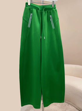 Ader绿色松紧腰抽绳弯刀卫裤女2026春季新款高腰宽松直筒休闲裤子