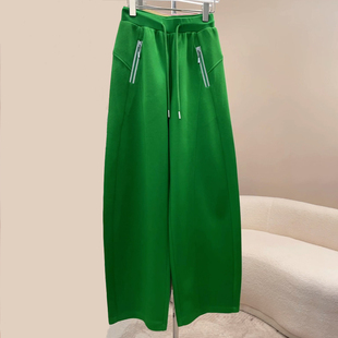 子 高腰宽松直筒休闲裤 Ader绿色松紧腰抽绳弯刀卫裤 女2025秋冬新款