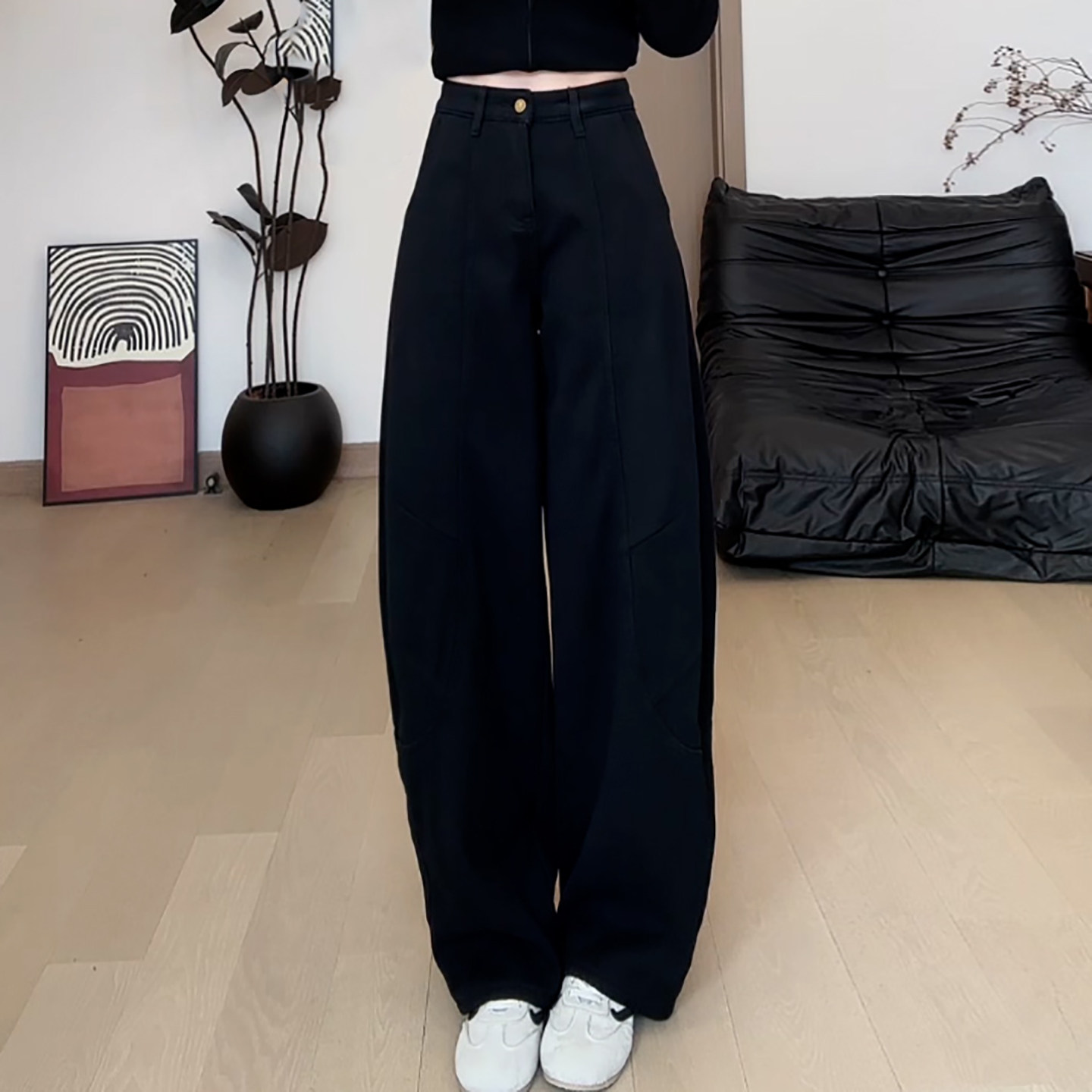 Ader黑色弯刀休闲裤2026春季新款高腰宽松遮胯显瘦百搭直筒阔腿裤,女装/女士精品,大码裤装,淘宝优惠券,粉丝福利购,淘宝优惠卷