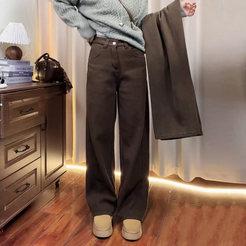 窄版直筒休闲咖色加绒牛仔弯刀裤