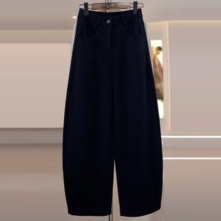 Ader藏青色绵羊毛休闲裤女2026春季新款时尚百搭显瘦阔腿弯刀裤子