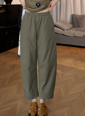 Ader军绿色松紧腰弯刀九分休闲裤女2025年夏季新款时尚百搭直筒裤