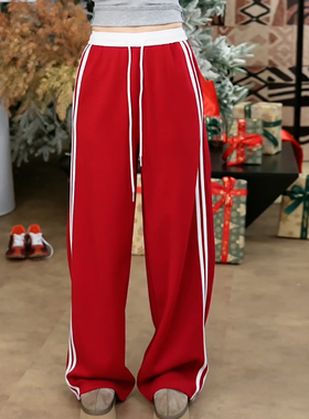 Ader红色条纹运动卫裤女2026春季新款松紧拼接腰头抽绳百搭休闲裤