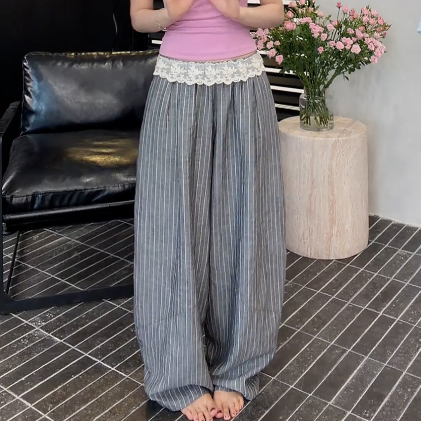 Ader温柔甜美蕾丝腰竖条纹长裤女2026秋季新款宽松遮肉慵懒阔腿裤