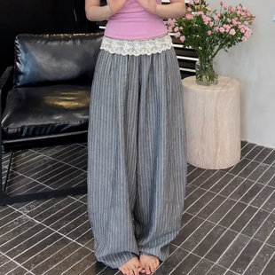 Ader温柔甜美蕾丝腰竖条纹长裤女2026夏季新款宽松遮肉慵懒阔腿裤