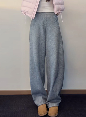 Ader灰色加绒阔腿弯刀裤女2025冬季新款时尚百搭高腰显瘦休闲裤子