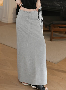Ader灰色开叉半身裙女2025夏季新款时尚高腰显瘦直筒垂感包臀长裙