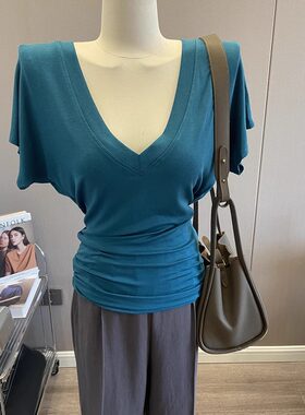 辣妹性感深V领短袖T恤修身上衣女