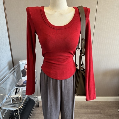 纯欲U领长袖T恤修身打底衫女内搭