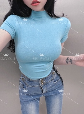 店主自留！复古半高领短袖T恤女性感紧身短款打底衫黑色显瘦上衣