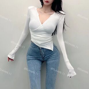 值得入~性感垫肩V领交叉长袖T恤修身短款不规则上衣打底衫内搭春