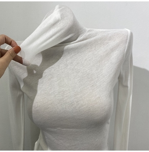 薄!喜欢这个质感!基础又好穿堆堆领长袖T恤女显瘦微透内搭上衣