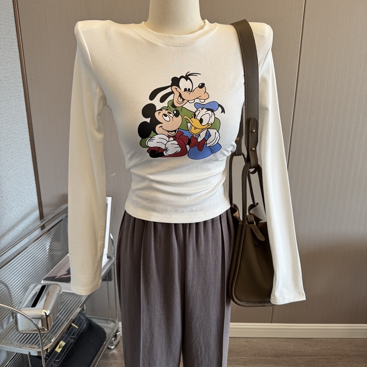 米奇加绒垫肩上衣女紧身长袖T恤