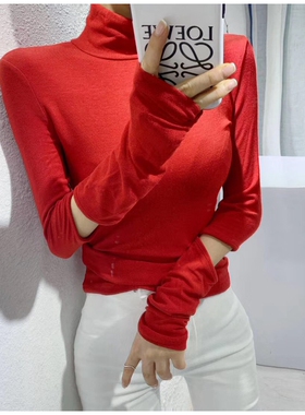 韩版复古高领袖子割破镂空打底衫时尚纯色修身长袖T恤女2019新款