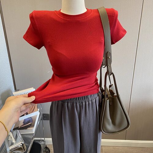 简约圆领短袖T恤垫肩紧身打底衫