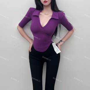 中袖 版 深V翻领针织衫 垫肩修身 T恤上衣女内搭2025早秋 型好好显瘦