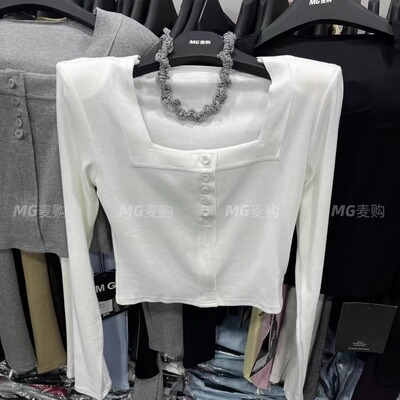 辣妹方领长袖T恤修身打底衫女春