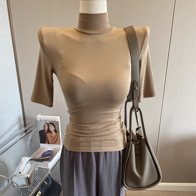 韩版中袖垫肩上衣修身T恤打底衫