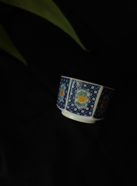 日本产Vintage中古釉下彩手绘青花六角杯咖啡杯手握杯茶杯、杯碟