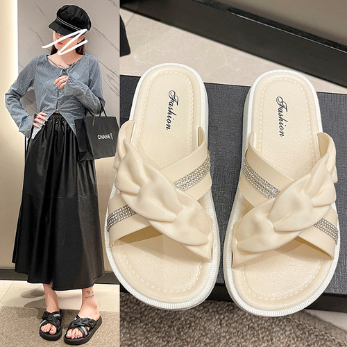 拖鞋女厚底2025夏季新款时尚百搭ins韩版闪钻室外沙滩一字凉拖鞋
