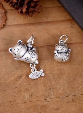 S999足银猫吃鱼小吉猫吊坠挂件