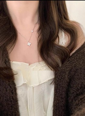 S925纯银四叶草莫桑钻锁骨链女