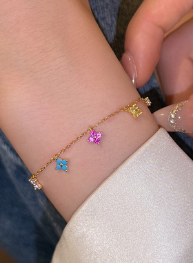 S925银轻奢彩色四叶草锆石手链女