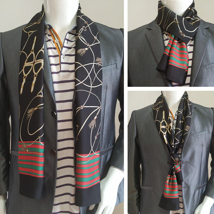 新款双面英伦领巾男韩版领口巾秋冬薄款围巾潮时尚男士长丝巾包邮