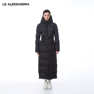 品牌直营 LE ALESSANDRA 秋冬黑色超长款收腰连帽白鸭绒羽绒服女