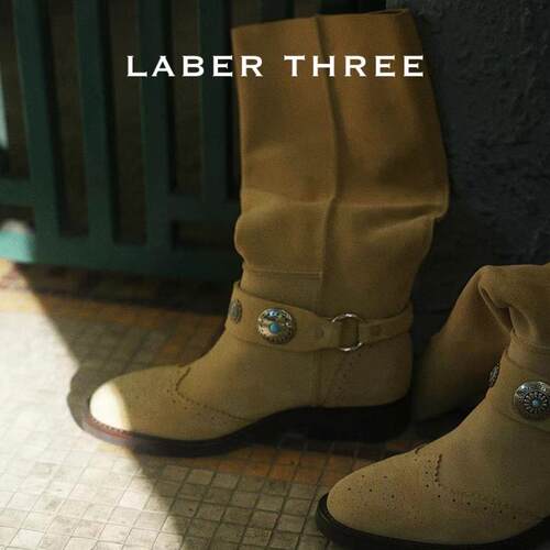 LABERTHREE 罗马学院风复古浮雕金属扣丝光牛反绒长筒骑士靴马靴