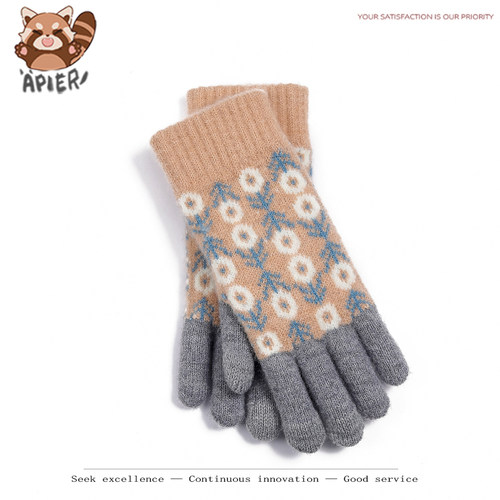 日系秋冬爆款羊毛撞色毛线针织男女复古提花加绒骑车触屏保暖手套