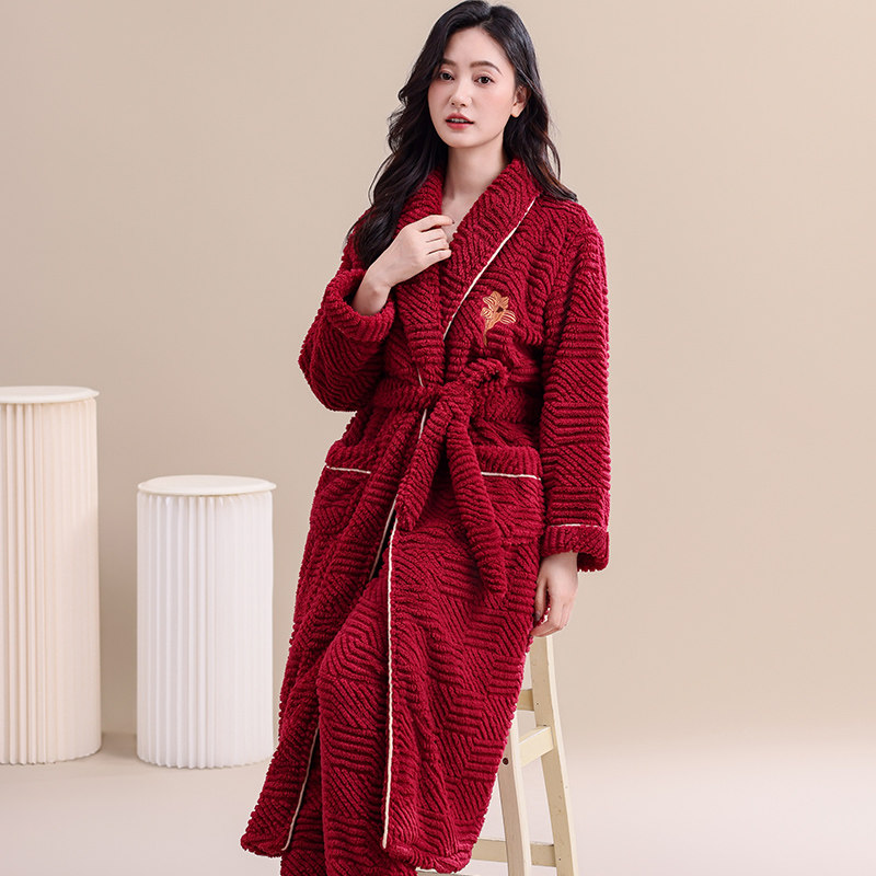 睡衣女士冬季加绒加厚保暖珊瑚绒法兰绒红色可外穿睡袍家居服套装