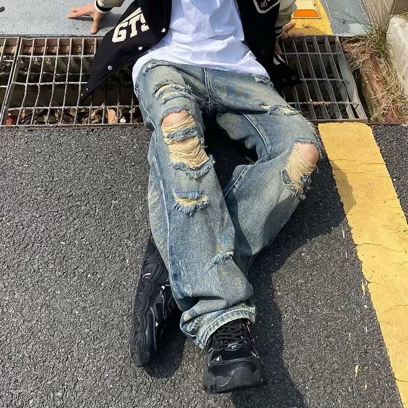 美式高街水洗做旧破洞牛仔裤男夏季潮牌宽松直筒长裤513CK229P40,男装牛仔裤,星座513