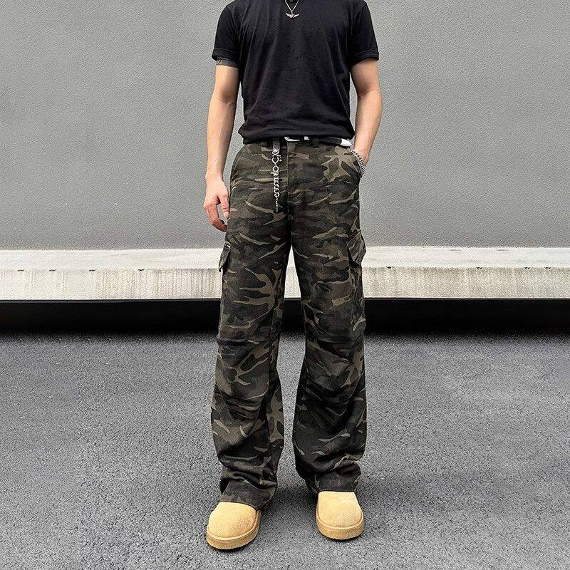 GENIOLAMODE美式复古迷彩工装裤男秋季设计感宽松直筒阔腿休闲裤,男装牛仔裤,星座513