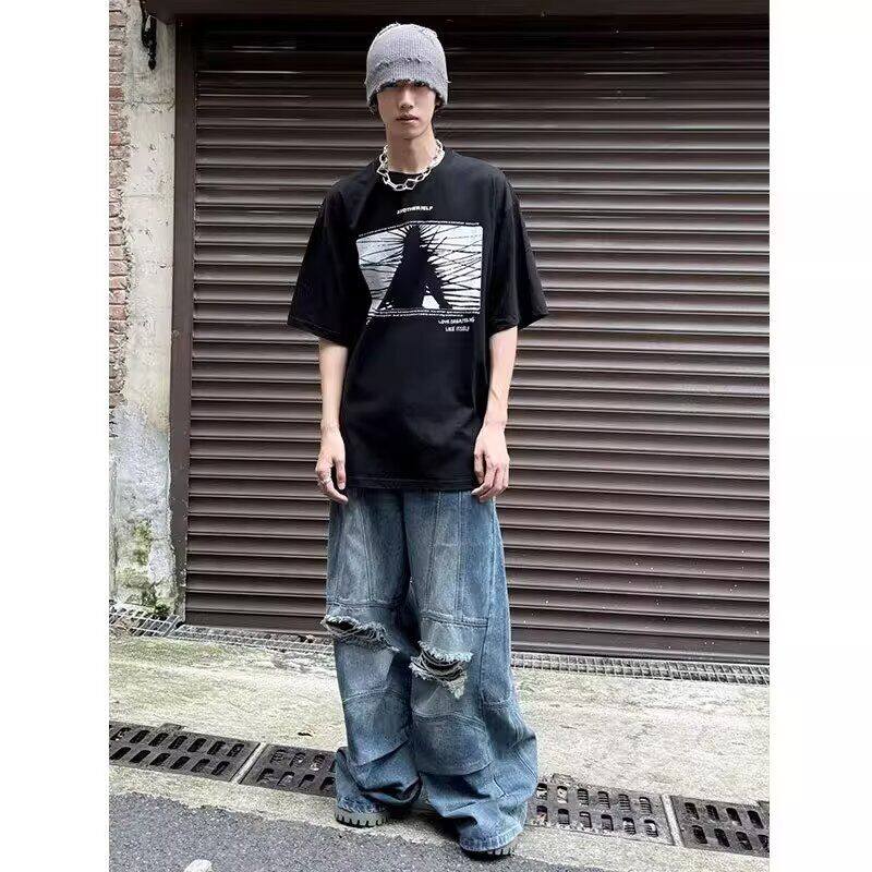 阔腿牛仔裤男女高街宽松阔腿微喇裤街头嘻哈痞帅513CK1149P50,男装牛仔裤,星座513