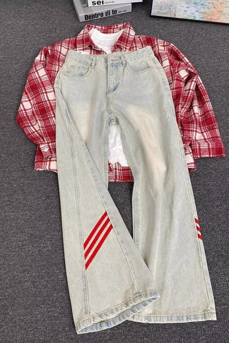 美式高街牛仔裤男新款潮牌条纹拼接宽松阔腿裤子513CK1324P43,男装牛仔裤,星座513