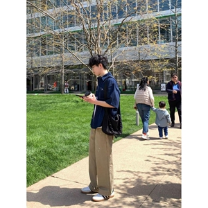 复古翻领盘扣短袖牛仔衬衫男女中性水洗做旧五分袖513DX1427P37图片