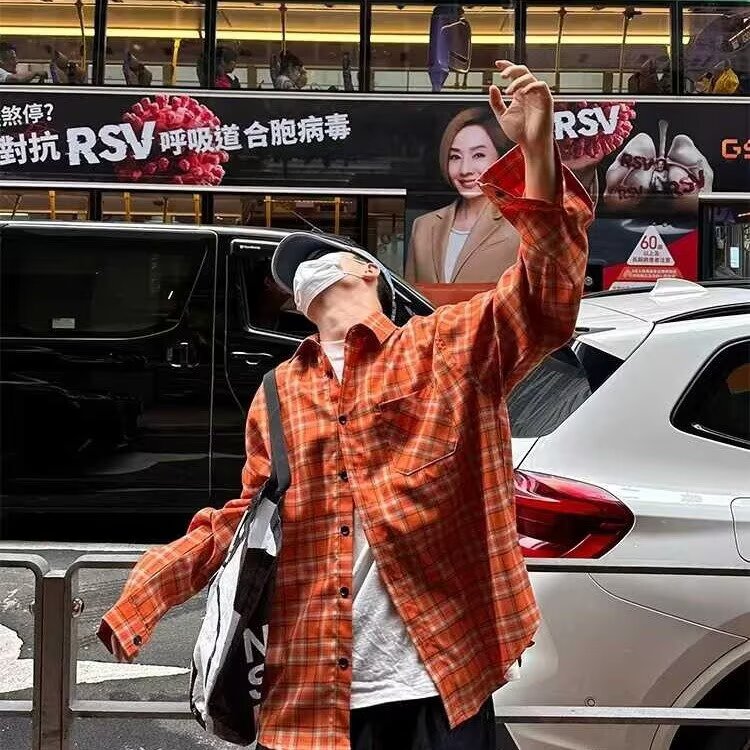 美式复古格纹长袖衬衫男女新宽松休闲防晒情侣外套513CX119P32,男装防晒衣,星座513
