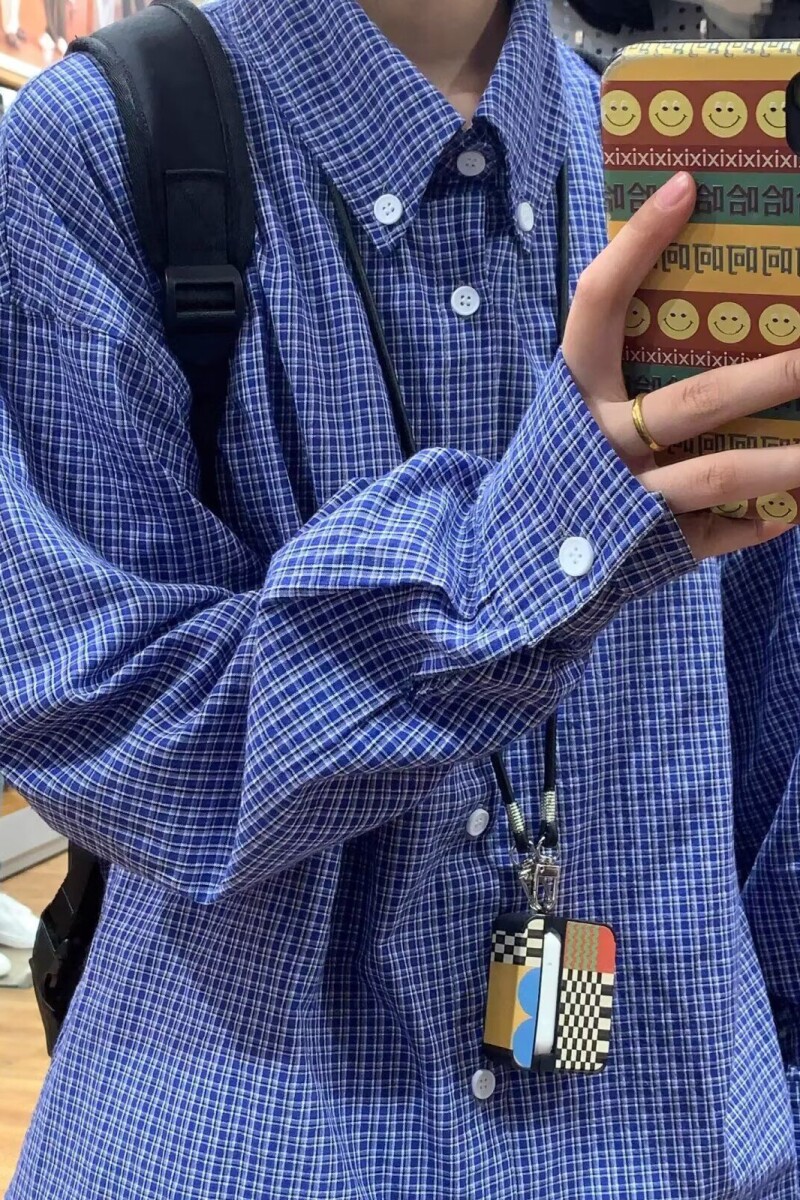 美式复古经典蓝色格纹长袖衬衫男女学院风慵懒宽松格子衬衣外套潮,女装衬衫,星座513