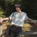纯色小V领短袖T恤男女同款夏百搭宽松简约潮牌体恤513DX354P27，男装T恤，星座513