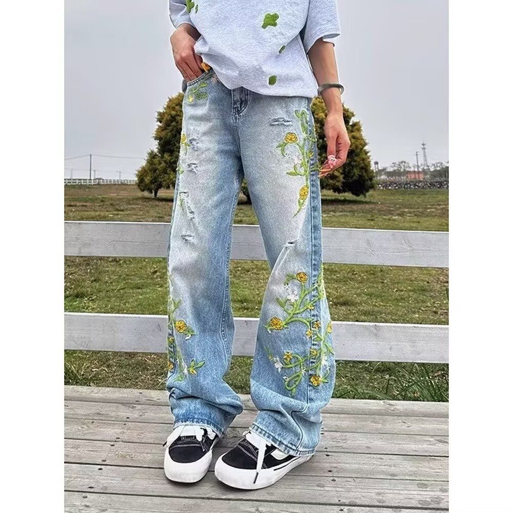 明星同款花卉刺绣牛仔裤男潮牌宽松直筒休闲百搭长裤513CK1761P56,男装牛仔裤,星座513