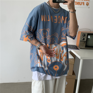 夏季新款宽松短袖青春时尚潮流情侣圆领小熊流行t恤男711T07P30