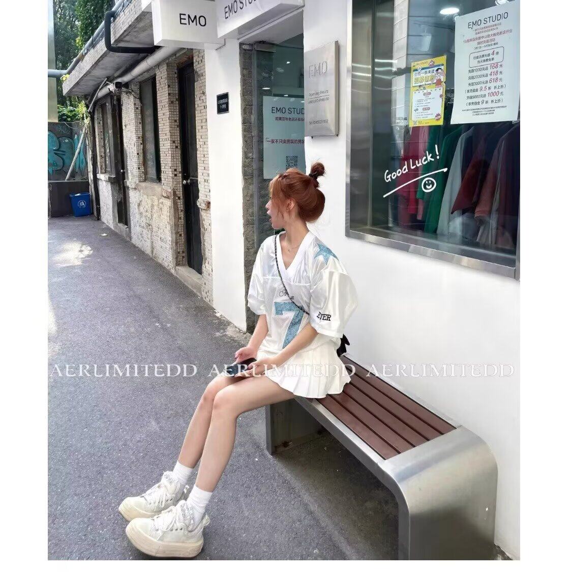 美式复古v领运动短袖女夏数字透气球衣风t恤宽松上衣513DX133P37,男装T恤,星座513