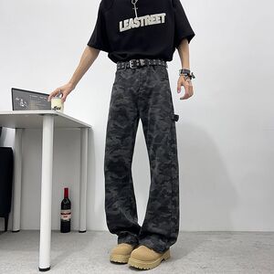 高街迷彩弯刀牛仔裤男女垂感美式新款宽松直筒阔腿裤513CK1505P39图片
